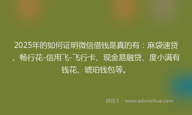 2025年的如何证明微信借钱是真的有：麻袋速贷、畅行花-信用飞-飞行卡、现金易融贷、度小满有钱花、琥珀钱包等。