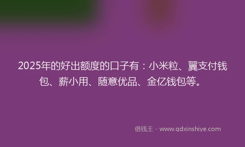2025年的好出额度的口子有：小米粒、翼支付钱包、薪小用、随意优品、金亿钱包等。