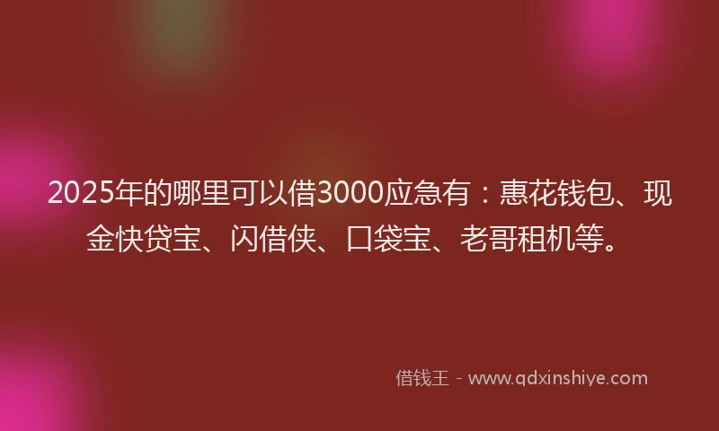 2025年的哪里可以借3000应急有：惠花钱包、现金快贷宝、闪借侠、口袋宝、老哥租机等。