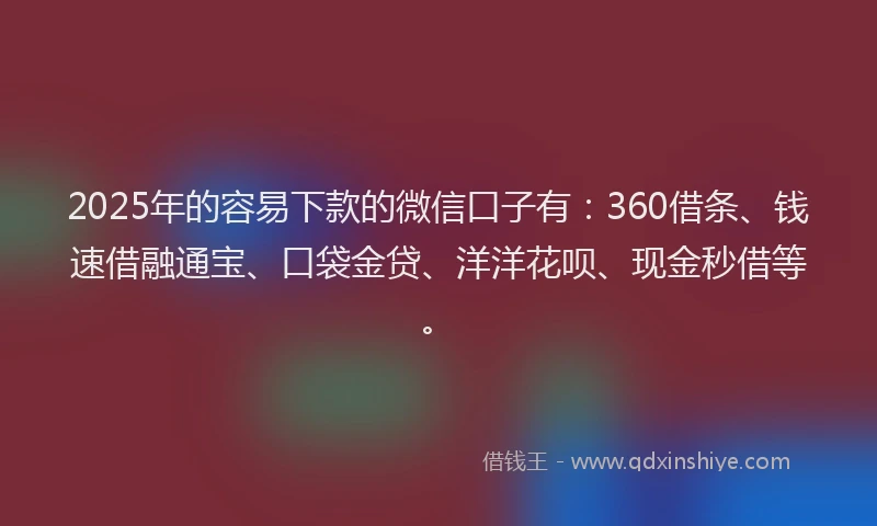 2025年的容易下款的微信口子有：360借条、钱速借融通宝、口袋金贷、洋洋花呗、现金秒借等。