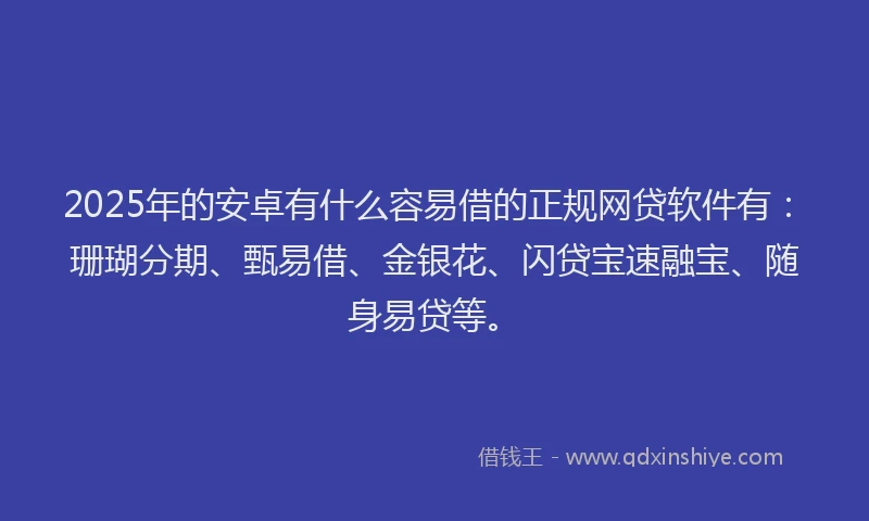 2025年的安卓有什么容易借的正规网贷软件有：珊瑚分期、甄易借、金银花、闪贷宝速融宝、随身易贷等。