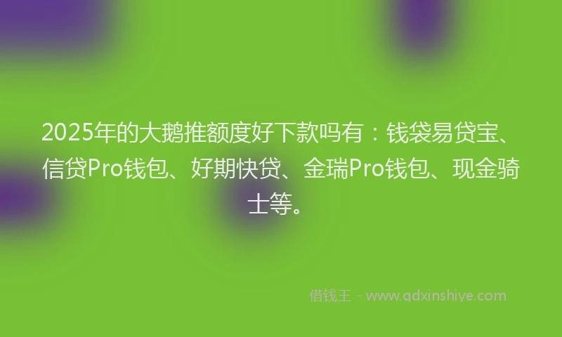 2025年的大鹅推额度好下款吗有：钱袋易贷宝、信贷Pro钱包、好期快贷、金瑞Pro钱包、现金骑士等。