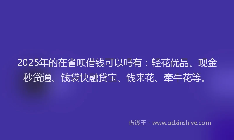2025年的在省呗借钱可以吗有：轻花优品、现金秒贷通、钱袋快融贷宝、钱来花、牵牛花等。