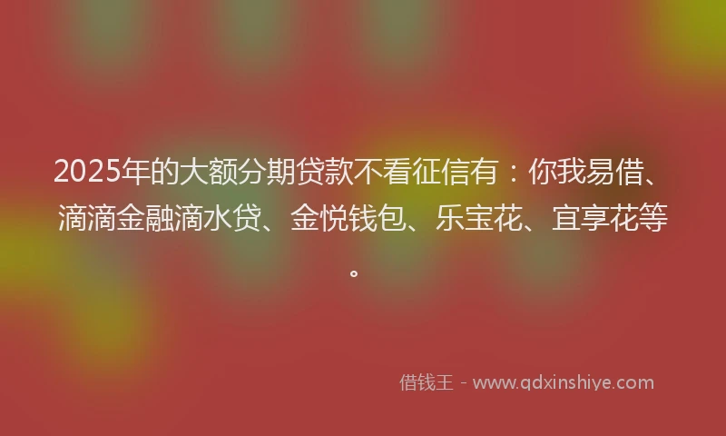 2025年的大额分期贷款不看征信有：你我易借、滴滴金融滴水贷、金悦钱包、乐宝花、宜享花等。