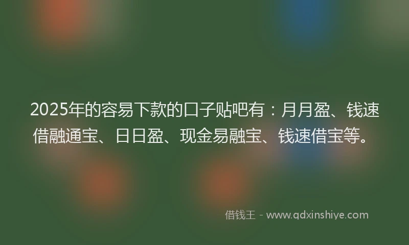 2025年的容易下款的口子贴吧有：月月盈、钱速借融通宝、日日盈、现金易融宝、钱速借宝等。