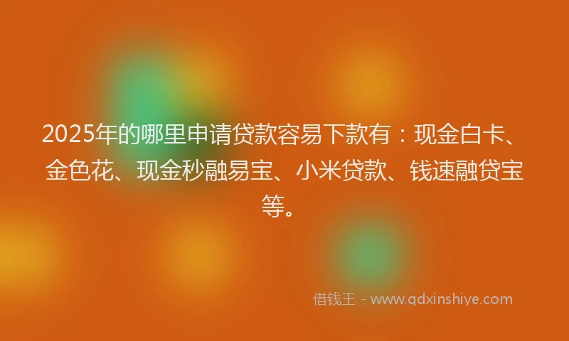 2025年的哪里申请贷款容易下款有：现金白卡、金色花、现金秒融易宝、小米贷款、钱速融贷宝等。