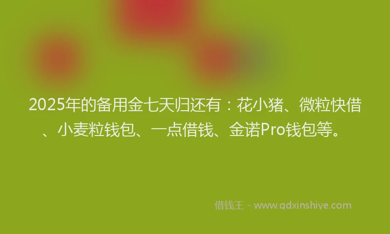 2025年的备用金七天归还有：花小猪、微粒快借、小麦粒钱包、一点借钱、金诺Pro钱包等。