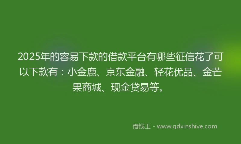2025年的容易下款的借款平台有哪些征信花了可以下款有：小金鹿、京东金融、轻花优品、金芒果商城、现金贷易等。