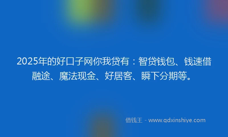 2025年的好口子网你我贷有：智贷钱包、钱速借融途、魔法现金、好居客、瞬下分期等。