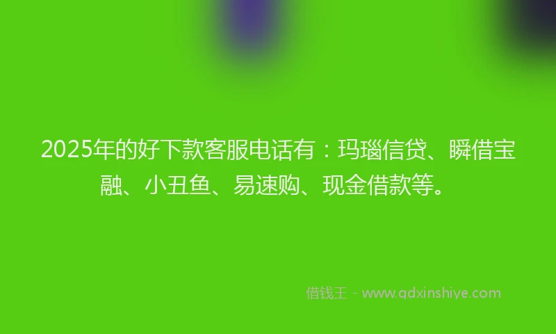 2025年的好下款客服电话有：玛瑙信贷、瞬借宝融、小丑鱼、易速购、现金借款等。