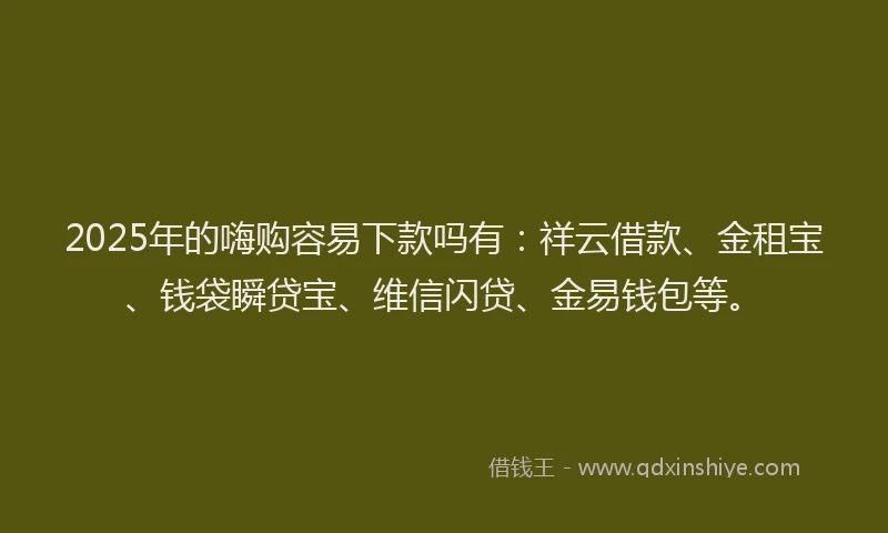 2025年的嗨购容易下款吗有：祥云借款、金租宝、钱袋瞬贷宝、维信闪贷、金易钱包等。