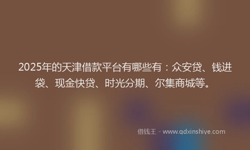 2025年的天津借款平台有哪些有：众安贷、钱进袋、现金快贷、时光分期、尔集商城等。