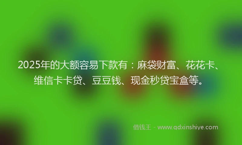 2025年的大额容易下款有：麻袋财富、花花卡、维信卡卡贷、豆豆钱、现金秒贷宝盒等。