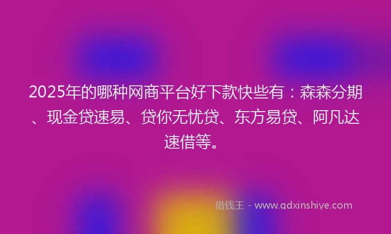 2025年的哪种网商平台好下款快些有：森森分期、现金贷速易、贷你无忧贷、东方易贷、阿凡达速借等。