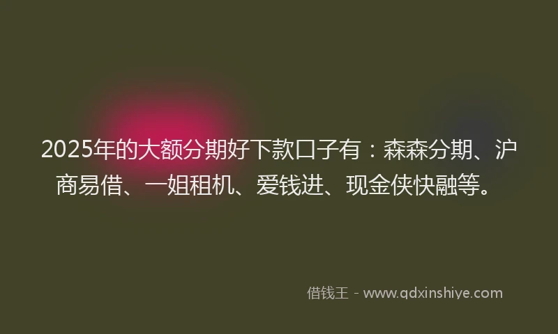 2025年的大额分期好下款口子有：森森分期、沪商易借、一姐租机、爱钱进、现金侠快融等。