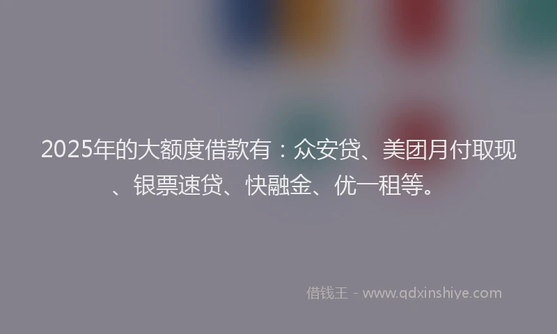 2025年的大额度借款有：众安贷、美团月付取现、银票速贷、快融金、优一租等。