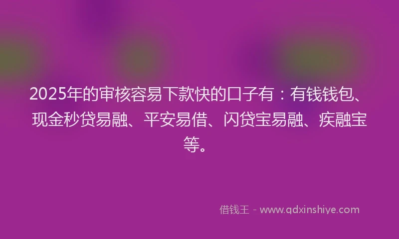 2025年的审核容易下款快的口子有：有钱钱包、现金秒贷易融、平安易借、闪贷宝易融、疾融宝等。