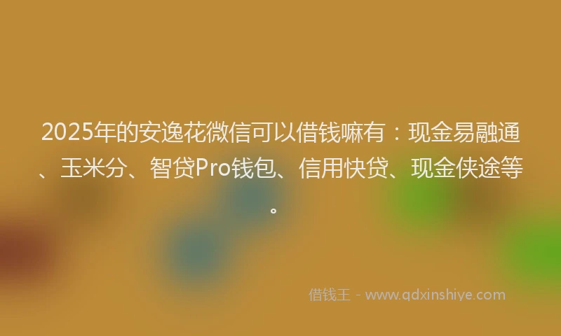 2025年的安逸花微信可以借钱嘛有：现金易融通、玉米分、智贷Pro钱包、信用快贷、现金侠途等。