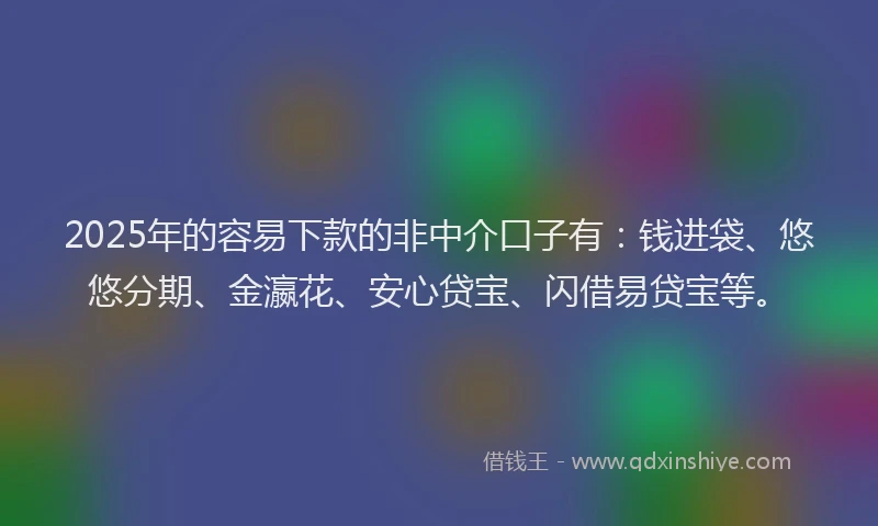 2025年的容易下款的非中介口子有：钱进袋、悠悠分期、金瀛花、安心贷宝、闪借易贷宝等。