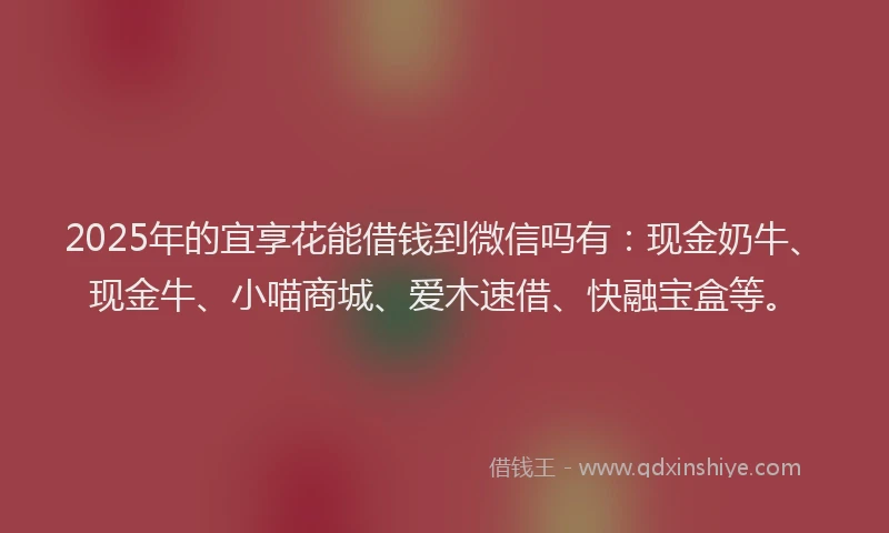 2025年的宜享花能借钱到微信吗有：现金奶牛、现金牛、小喵商城、爱木速借、快融宝盒等。