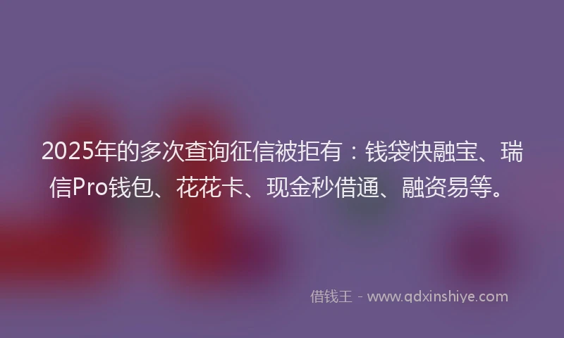 2025年的多次查询征信被拒有：钱袋快融宝、瑞信Pro钱包、花花卡、现金秒借通、融资易等。