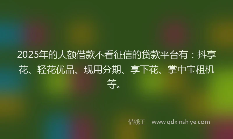 2025年的大额借款不看征信的贷款平台有：抖享花、轻花优品、现用分期、享下花、掌中宝租机等。