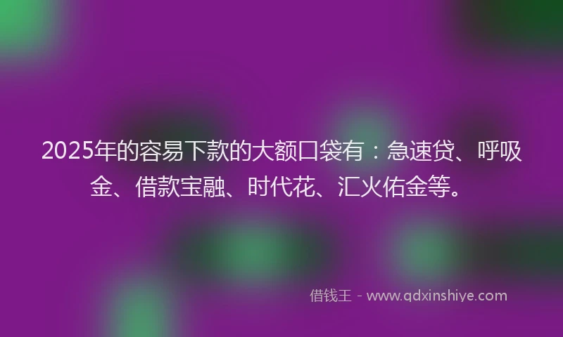 2025年的容易下款的大额口袋有：急速贷、呼吸金、借款宝融、时代花、汇火佑金等。