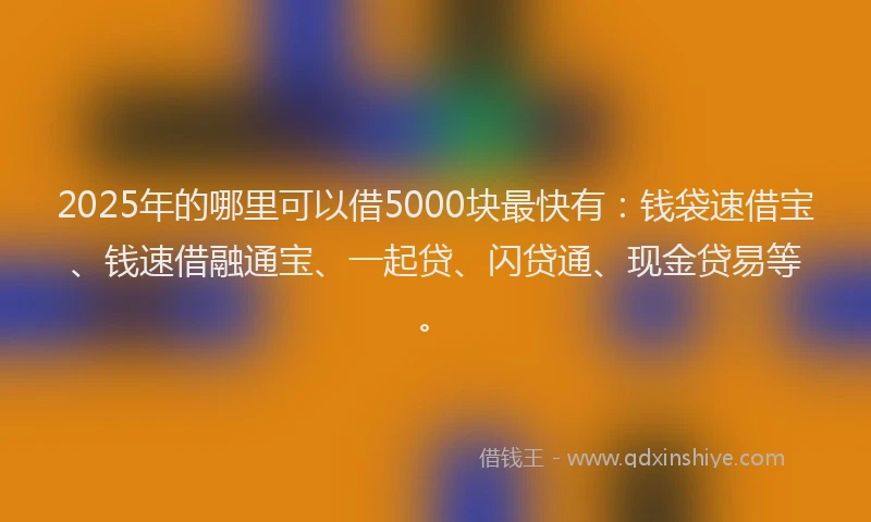 2025年的哪里可以借5000块最快有：钱袋速借宝、钱速借融通宝、一起贷、闪贷通、现金贷易等。