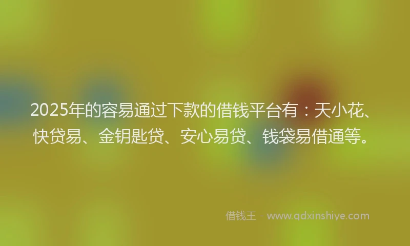 2025年的容易通过下款的借钱平台有：天小花、快贷易、金钥匙贷、安心易贷、钱袋易借通等。