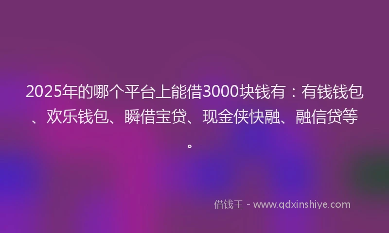 2025年的哪个平台上能借3000块钱有：有钱钱包、欢乐钱包、瞬借宝贷、现金侠快融、融信贷等。
