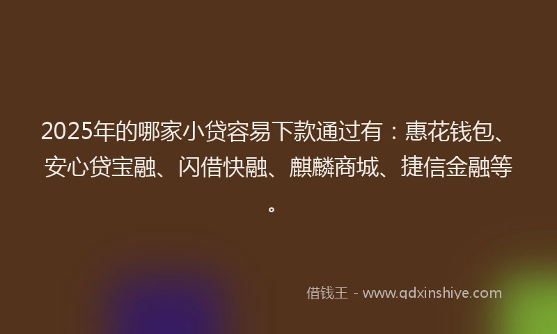 2025年的哪家小贷容易下款通过有：惠花钱包、安心贷宝融、闪借快融、麒麟商城、捷信金融等。