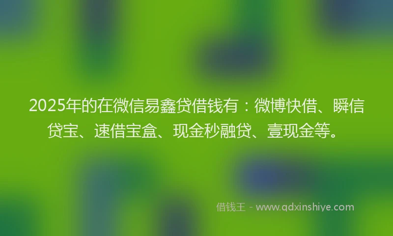 2025年的在微信易鑫贷借钱有：微博快借、瞬信贷宝、速借宝盒、现金秒融贷、壹现金等。