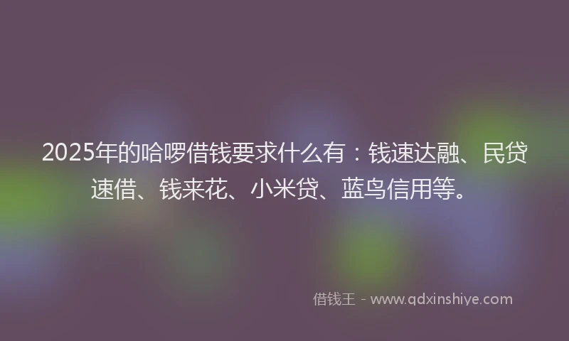 2025年的哈啰借钱要求什么有：钱速达融、民贷速借、钱来花、小米贷、蓝鸟信用等。