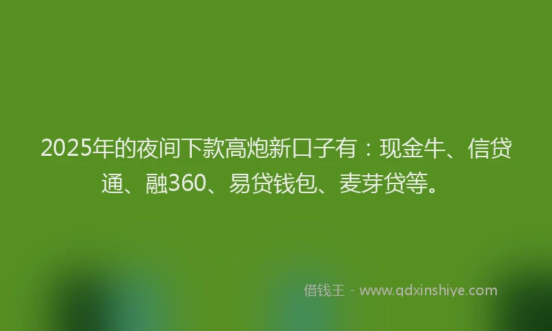 2025年的夜间下款高炮新口子有：现金牛、信贷通、融360、易贷钱包、麦芽贷等。