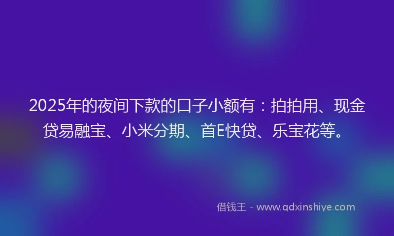 2025年的夜间下款的口子小额有：拍拍用、现金贷易融宝、小米分期、首E快贷、乐宝花等。