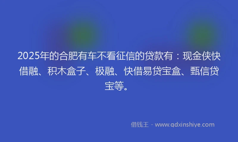 2025年的合肥有车不看征信的贷款有：现金侠快借融、积木盒子、极融、快借易贷宝盒、甄信贷宝等。