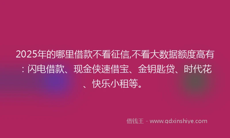 2025年的哪里借款不看征信,不看大数据额度高有：闪电借款、现金侠速借宝、金钥匙贷、时代花、快乐小租等。