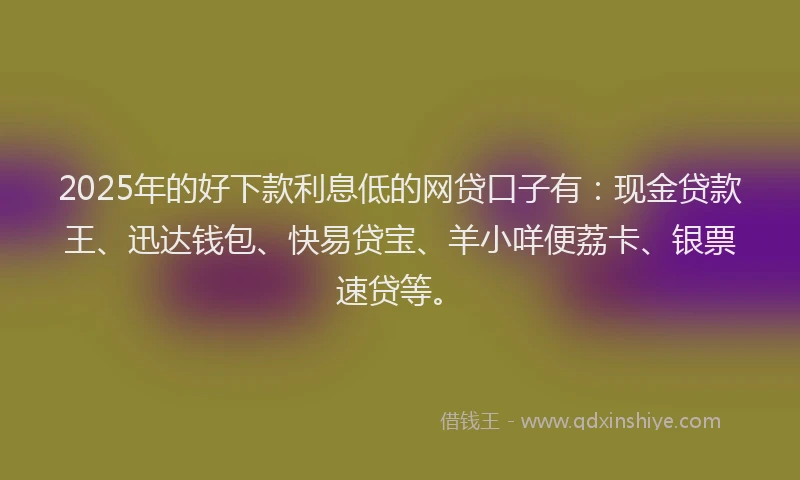 2025年的好下款利息低的网贷口子有：现金贷款王、迅达钱包、快易贷宝、羊小咩便荔卡、银票速贷等。