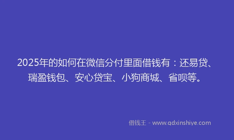 2025年的如何在微信分付里面借钱有：还易贷、瑞盈钱包、安心贷宝、小狗商城、省呗等。