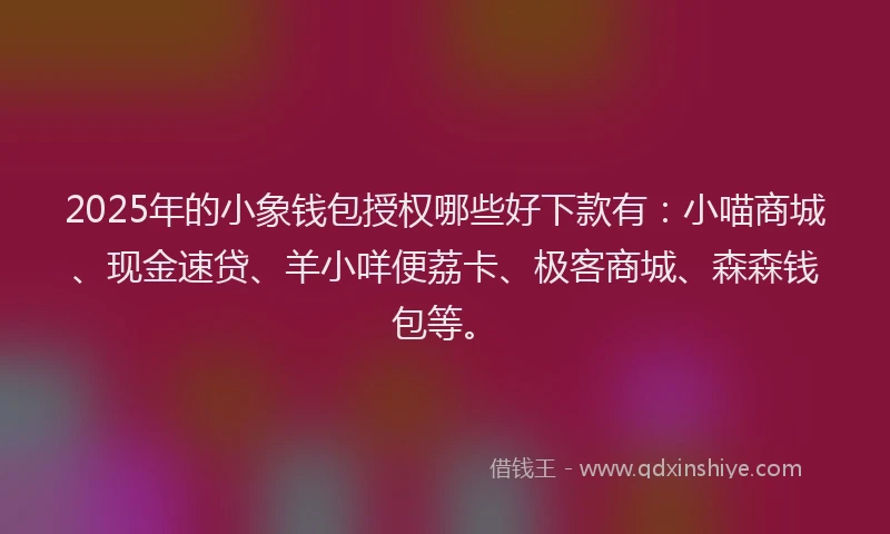 2025年的小象钱包授权哪些好下款有：小喵商城、现金速贷、羊小咩便荔卡、极客商城、森森钱包等。