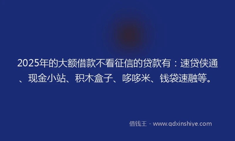2025年的大额借款不看征信的贷款有：速贷侠通、现金小站、积木盒子、哆哆米、钱袋速融等。