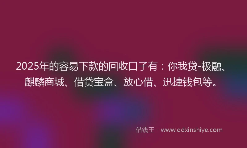 2025年的容易下款的回收口子有：你我贷-极融、麒麟商城、借贷宝盒、放心借、迅捷钱包等。