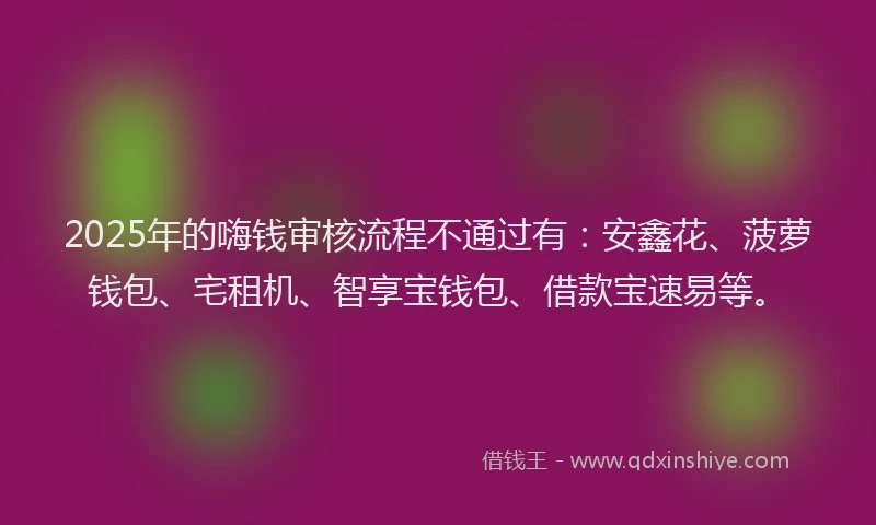 2025年的嗨钱审核流程不通过有：安鑫花、菠萝钱包、宅租机、智享宝钱包、借款宝速易等。