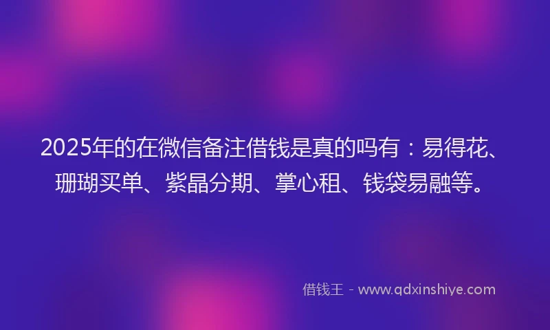 2025年的在微信备注借钱是真的吗有：易得花、珊瑚买单、紫晶分期、掌心租、钱袋易融等。