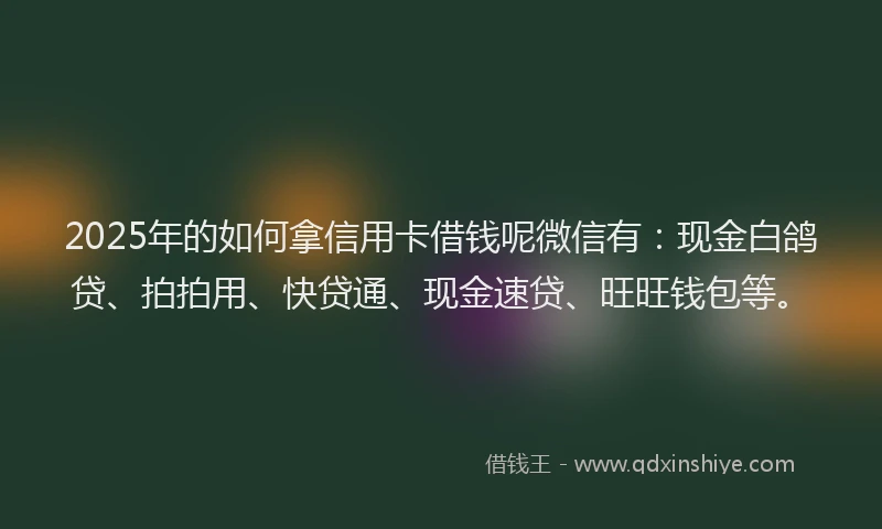 2025年的如何拿信用卡借钱呢微信有：现金白鸽贷、拍拍用、快贷通、现金速贷、旺旺钱包等。