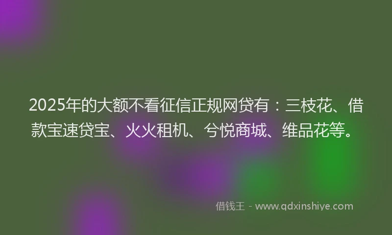 2025年的大额不看征信正规网贷有：三枝花、借款宝速贷宝、火火租机、兮悦商城、维品花等。