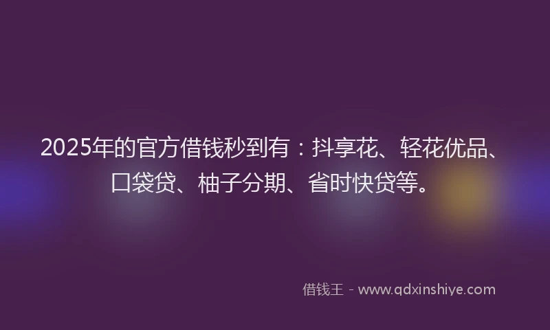 2025年的官方借钱秒到有：抖享花、轻花优品、口袋贷、柚子分期、省时快贷等。
