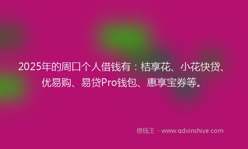 2025年的周口个人借钱有：桔享花、小花快贷、优易购、易贷Pro钱包、惠享宝券等。
