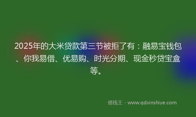2025年的大米贷款第三节被拒了有：融易宝钱包、你我易借、优易购、时光分期、现金秒贷宝盒等。