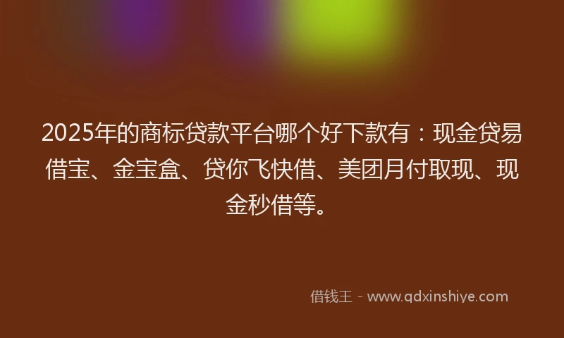 2025年的商标贷款平台哪个好下款有：现金贷易借宝、金宝盒、贷你飞快借、美团月付取现、现金秒借等。